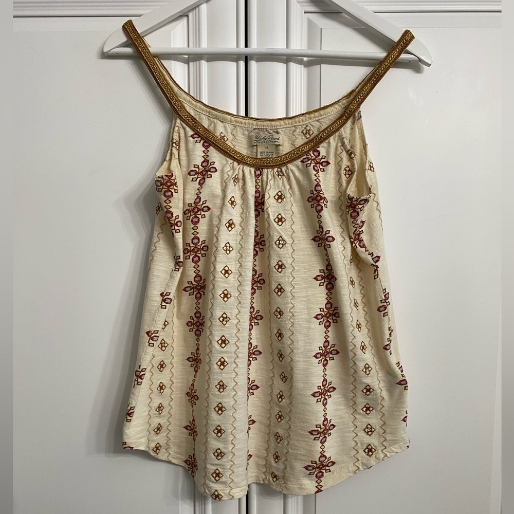Lucky Brand Women’s Sz Medium Tank Top Thin Strap Cream Sequins Embroidered